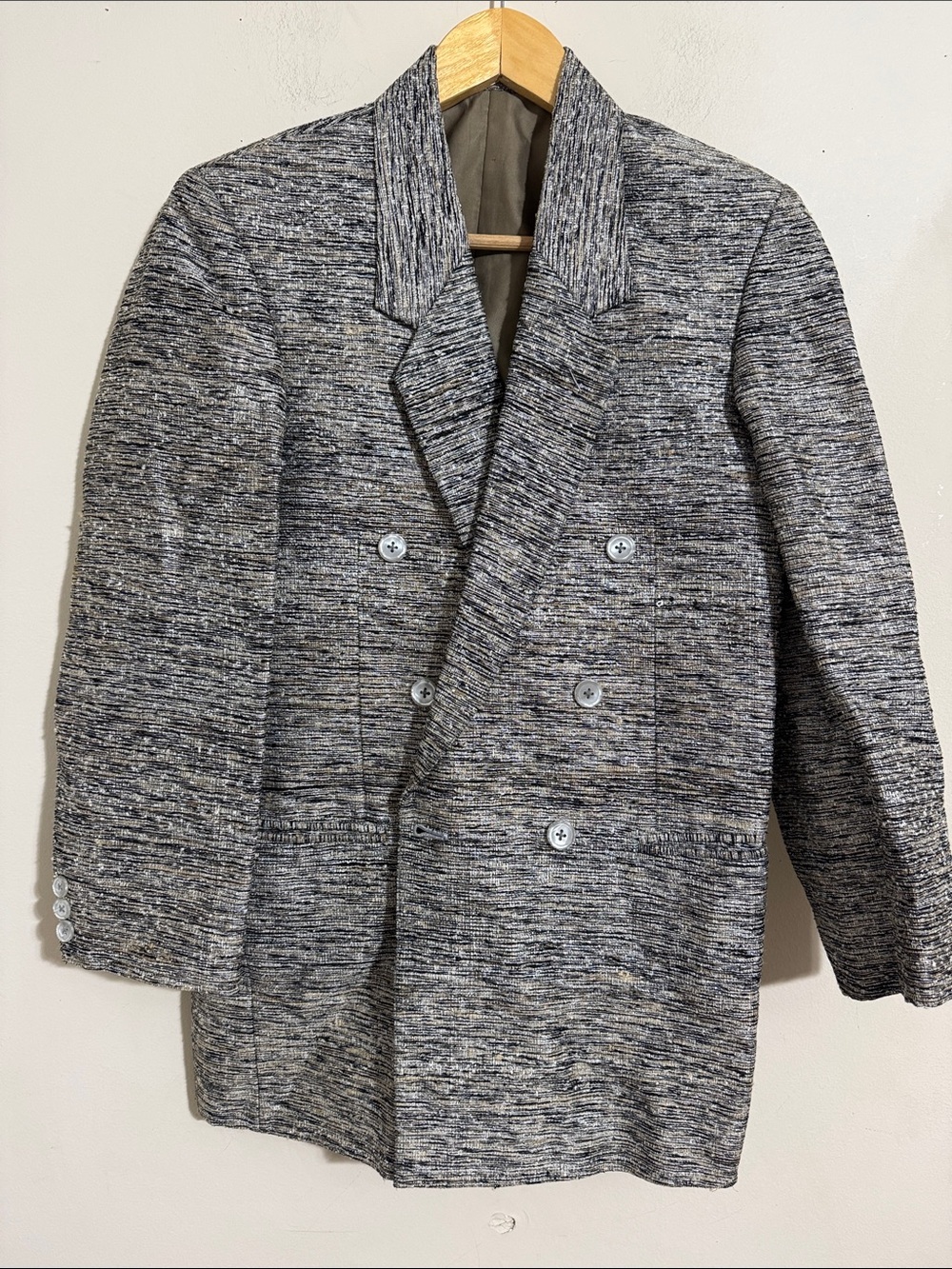 Women's Double-Breasted Tweed Textured Blazer 3/4 Sleeves M Tailored Fall Career